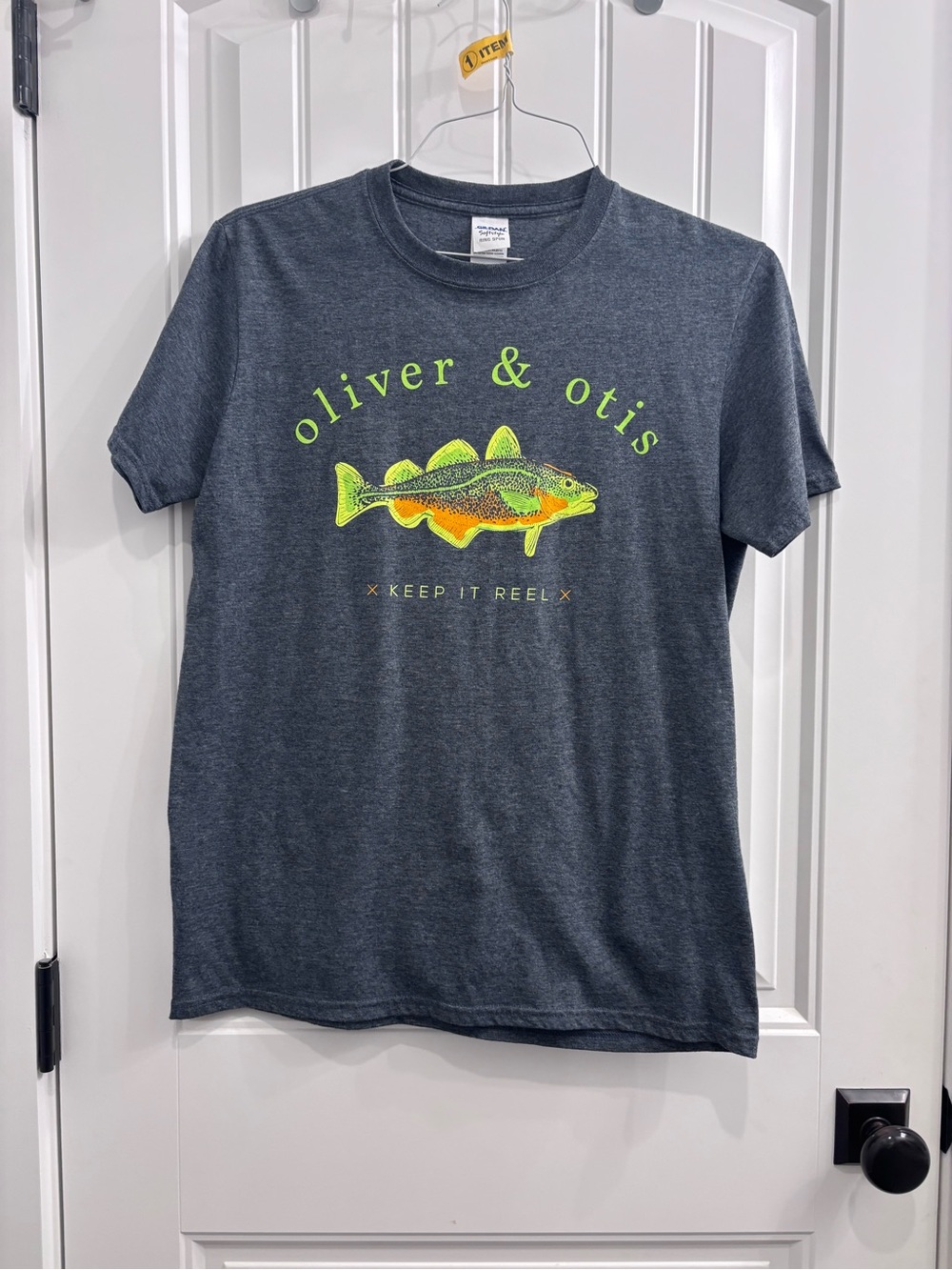 Gildan Charcoal T-Shirt with Neon Green & Orange Fish Graphic